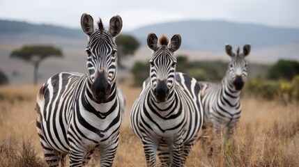 Obraz premium Majestic zebras roaming freely in the vast savanna under cloudy skies