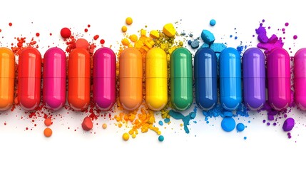 Vibrant image of multicolored capsules aligned in a rainbow sequence with crushed pigment powder, symbolizing creativity, pharmaceuticals, and alternative medicine.