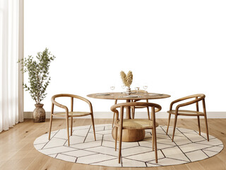 Free PNG wallpaper mockup in Interior Dining Room, Elegant Dining Room with Wooden Furniture and Neutral Colors, 3D rendering