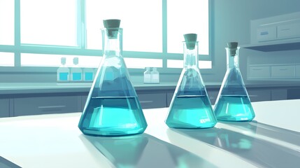 Three laboratory glass flasks filled with blue liquid placed on a reflective table in a bright scientific research lab environment.