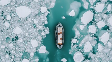Aerial view of a cargo ship sailing through icy waters surrounded by floating icebergs, highlighting global trade, climate change, and arctic navigation.