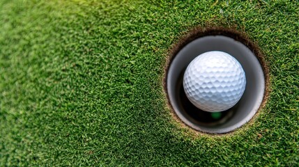 Perfectly positioned golf ball resting near the hole on vibrant green grass