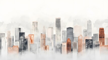 A soft watercolor illustration of a modern city skyline enveloped in mist, featuring high-rise buildings in earthy tones with a dreamy atmosphere.