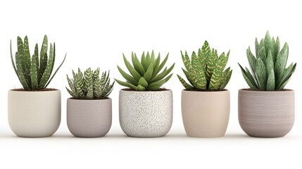 A row of five potted succulent plants in stylish ceramic pots, arranged against a white background, symbolizing home decor, greenery, and minimalism.