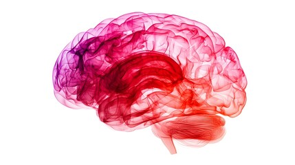 Creative digital illustration of a human brain with a smoke-like, transparent effect in red and pink hues on a white background.