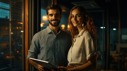 Obraz premium Two colleagues business people woman and man holding digital tablet computer together in the office