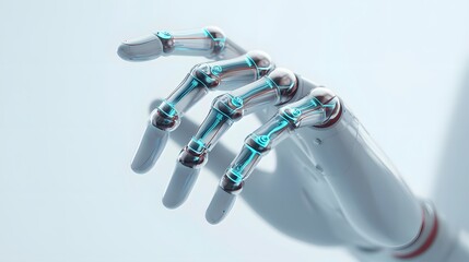 Close-up of a high-tech robotic hand with detailed joints and glowing circuits, representing artificial intelligence and future technology.