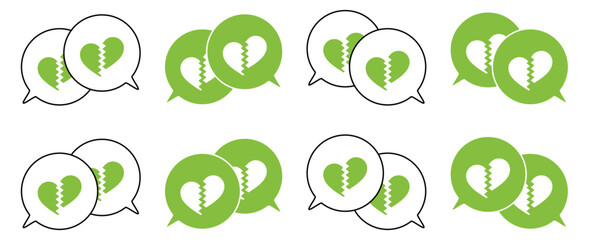 シンプルな重なる吹き出し セット 割れたハートマーク 黄緑色