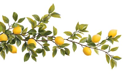Illustration of a lemon tree branch filled with vibrant yellow lemons and lush green leaves on a clean white background.