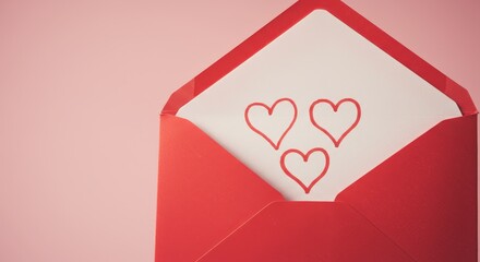 Red Envelope with White Hearts: Valentine's Day Message - A red envelope on a pink background, containing a card with three white hearts. Symbolizing love, affection, romance, connection