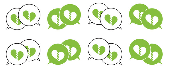 シンプルな重なる吹き出し セット 割れたハートマーク 黄緑色