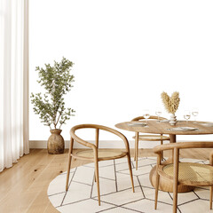 Free PNG wallpaper mockup in Interior Dining Room, Elegant dining room with wooden table, chairs, and natural light, 3D rendering