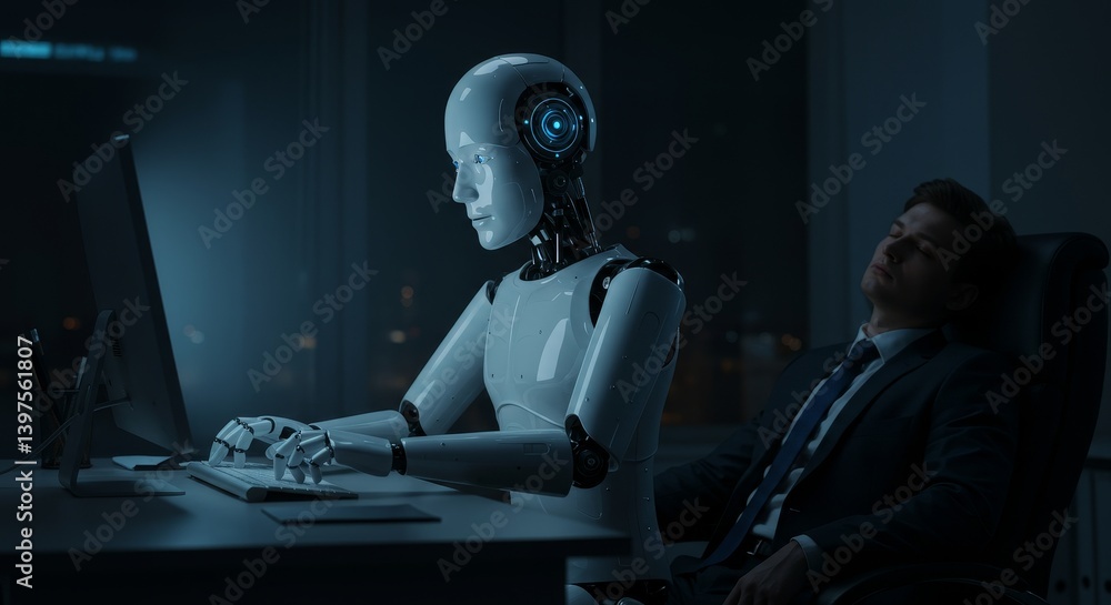 Poster robot and businessman: automation in the workplace - a humanoid robot diligently works at a computer