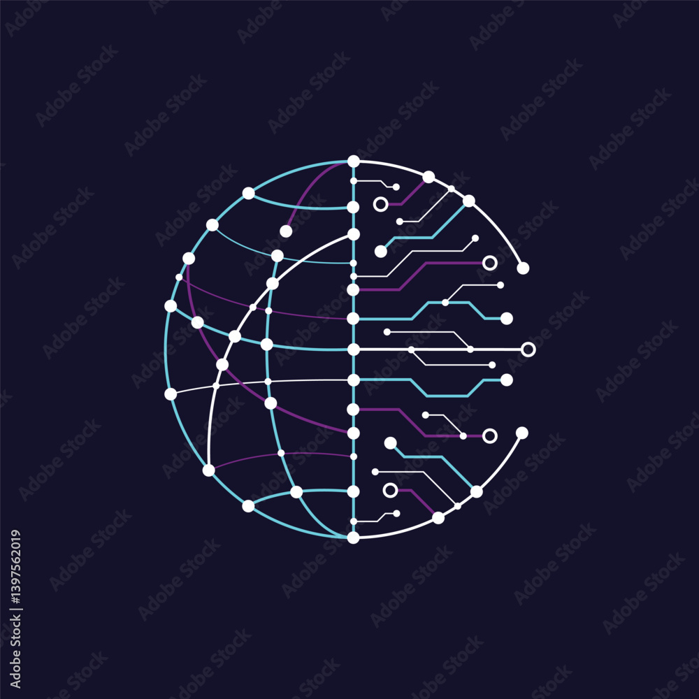 Poster logo of global made of circuit lines with technology big data flowing. vector illustration