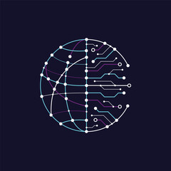 Logo of global made of circuit lines with technology big data flowing. Vector illustration