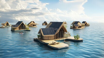 Several waterfront bungalows with solar panels floating on blue water