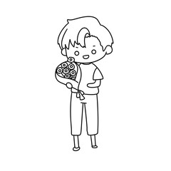 A boy is holding a bouquet of flowers
