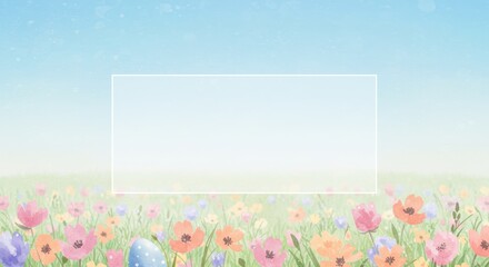 Field of flowers with a blank white rectangle against a blue sky background