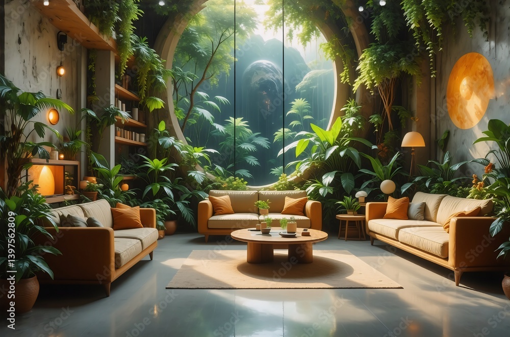Poster serene living room design features a large circular window showcasing a lush, vibrant jungle scene. 