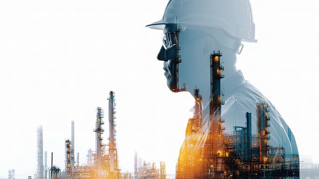 Double Exposure Image of Engineer with Oil Refinery Background