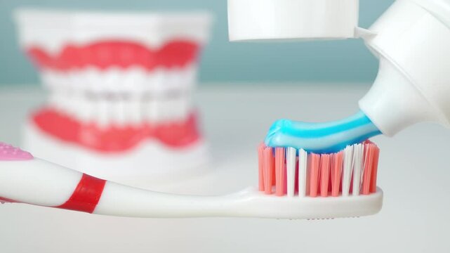 Applying vibrant blue toothpaste on toothbrush with teeth model in background