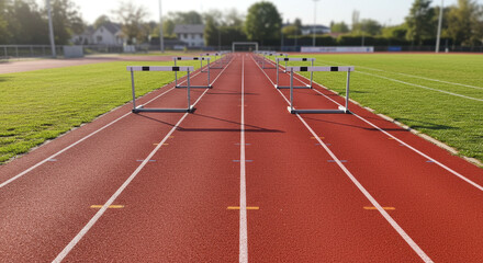 Fototapeta premium Running Track with Hurdles - A red running track with hurdles set up for a race. Sunlight illuminates the scene