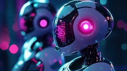Futuristic robots in a vibrant, neon-lit setting