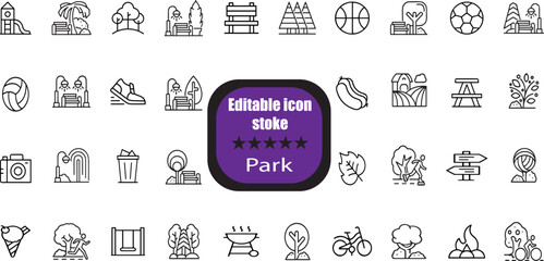 Park Stroke icon collections. Containing Park, Dog Walk, Kiddie Ride, Bench, Rocking, Horse, Gardening, Playground, Recreation and more icons