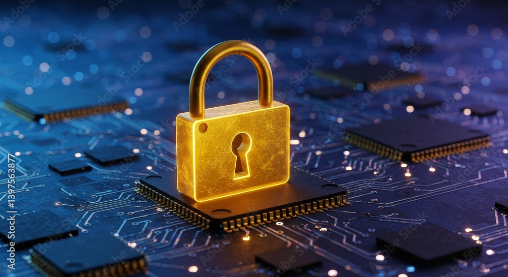 Poster security and data protection - golden padlock on a circuit board, symbolizing secure data and online