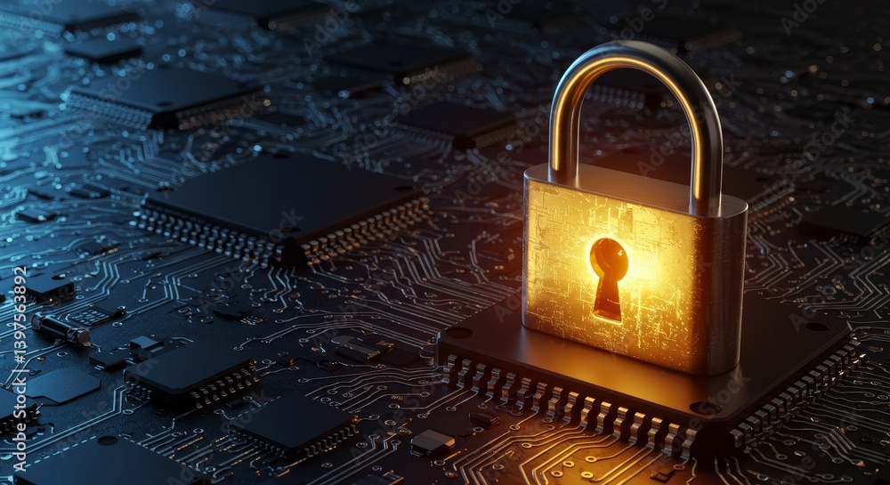Poster security and data protection - glowing padlock on a circuit board, symbolizing cybersecurity, data e