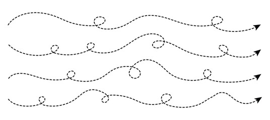 Obraz premium Set of long squiggle dashed, dotted line arrows vector icons