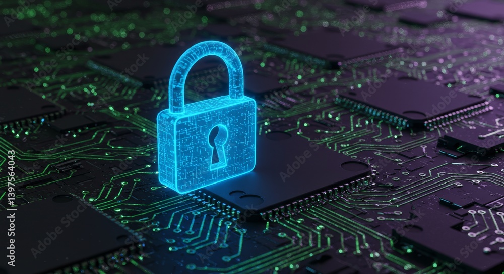 Poster security lock on circuit board - a glowing blue padlock icon rests on a circuit board, symbolizing s