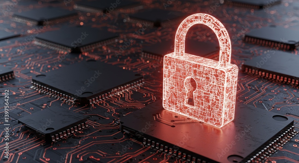 Poster security network lock - glowing red padlock icon on a circuit board, symbolizing cybersecurity and d