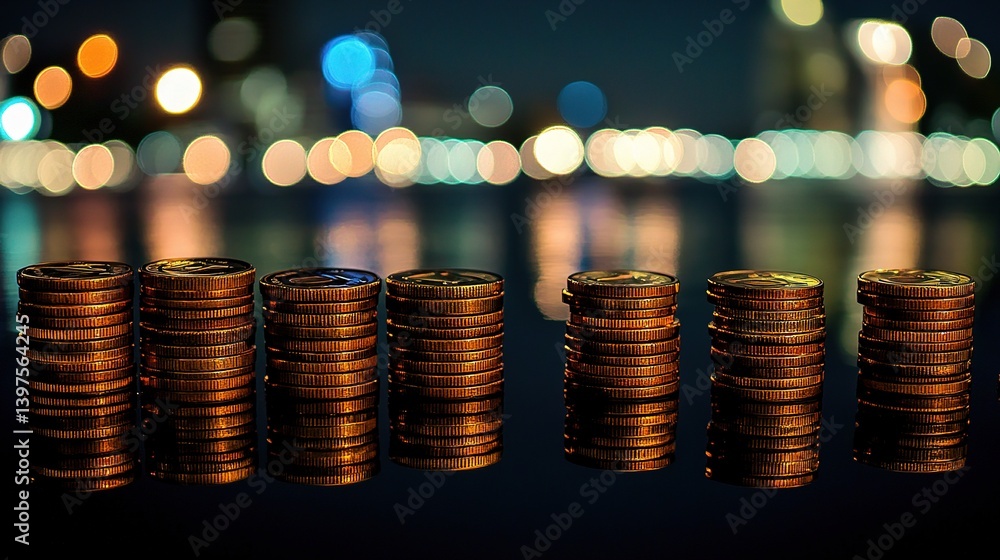 Poster stacked coins in row with artistic bokeh and reflection at night