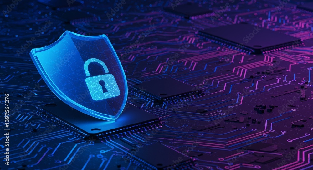 Poster security shield - a glowing blue shield with a padlock rests on a circuit board, symbolizing protect