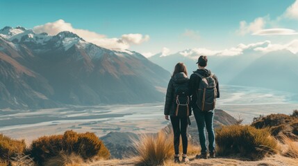 Back view of anonymous couple of tourists admiring majestic mountains under shiny sky in sunlight