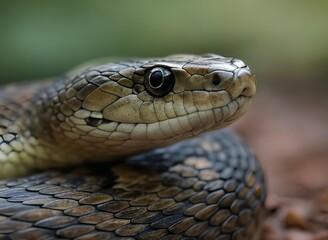 Obraz premium Close-Up Macro Shot of a Coiled Snake with Detailed Scales and Intense Eye in Natural Habitat