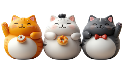 Three adorable stylized cats holding donuts, set against a bright, cheerful background