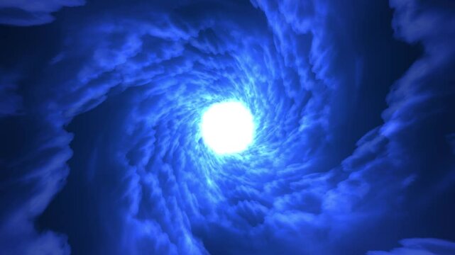 Colorful Cloud or Nebula Tunnel Travel Animation. Flight throught bright blue glowing fantasy cloudy tunnel. Energy twist rotating cloudscape heaven gateway or shiny nebula portal. 4k graphic