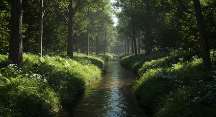 Obraz premium Serene Forest Stream White Water Flowing - Tranquil brook, lush greenery, sunlit path, peaceful nature, flowing water. Symbolizing serenity, tranquility, nature's beauty, renewal, and escape
