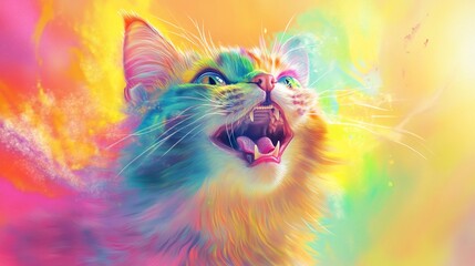 Colorful Feline Roar, An Expressive Portrait of a Cat in Vibrant Hues