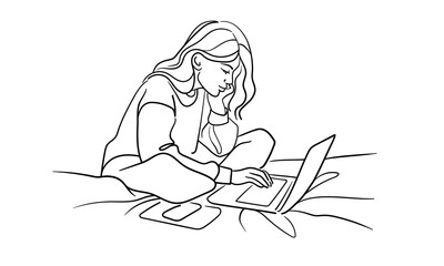 Woman working on laptop lying on bed, continious line drawing. Freelancer, technologies, self-employed outline. Vector illustration