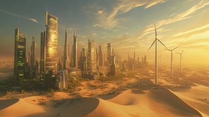 Futuristic Desert Cityscape with Skyscrapers and Wind Turbines Under a Golden Sunrise Sky