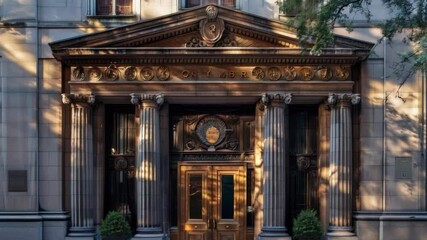 The classic facade of the building with columns and decorative elements emphasizing grandeur and historical significance would be suitable for educational materials or documentaries.
