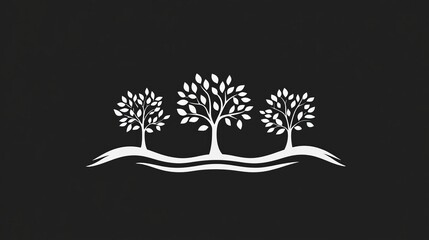 The picture depicts three stylized white trees with complex branches and leaves, positioned against a black backdrop, forming a bold contrast that represents growth and nature