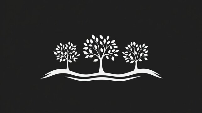 The picture depicts three stylized white trees with complex branches and leaves, positioned against a black backdrop, forming a bold contrast that represents growth and nature