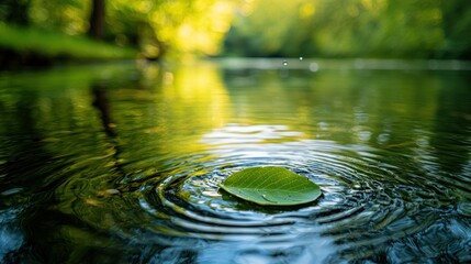 Tranquil leaf on rippling forest stream