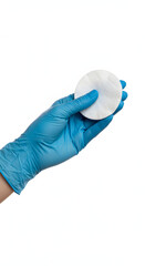 Fototapeta premium Close-up of a hand wearing a blue nitrile glove holding a white cotton pad. Concept for medical procedure, hygiene, skincare, cosmetic application, cleaning, or laboratory work.