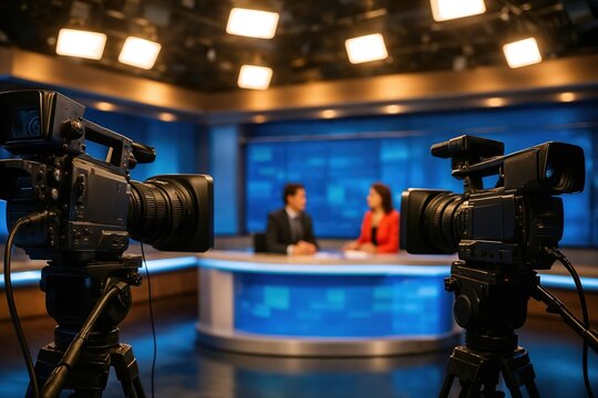 Modern professional television news studio with two anchors