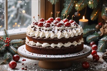 A delicious two-layered chocolate cake, adorned with whipped cream, cherries, and chocolate shavings, sits on a cake stand near a snowy window and Christmas tree. Festive and decadent.